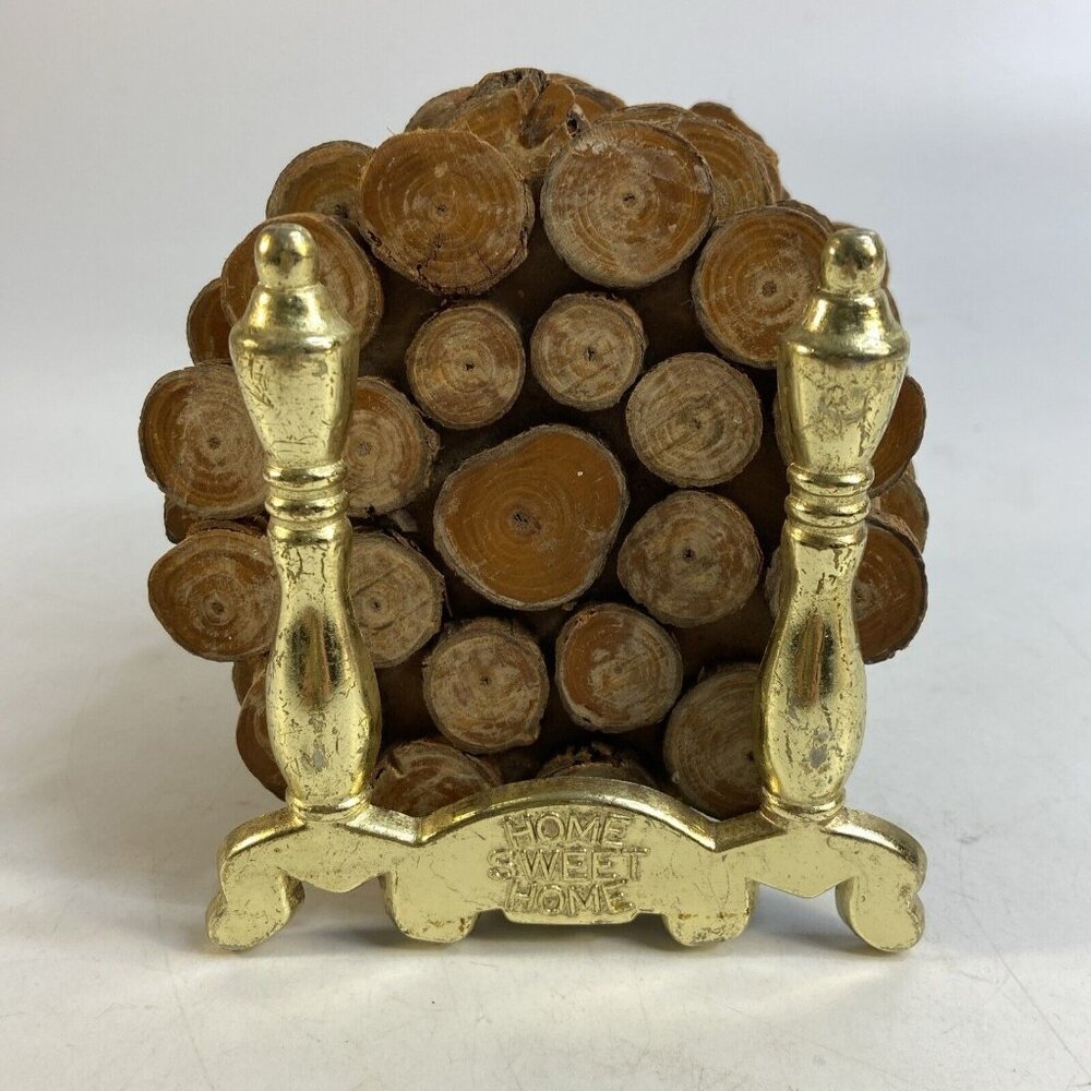 Enesco Yule Log Wooden Drink Coaster Metal Fireplace End Iron Holder Set 6 Vtg